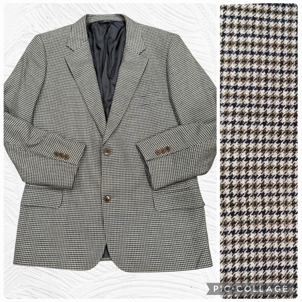 Brooks Brothers Saxxon Sport Coat 46R(42) Wool Houndstooth Gray Brown 3/2 Roll